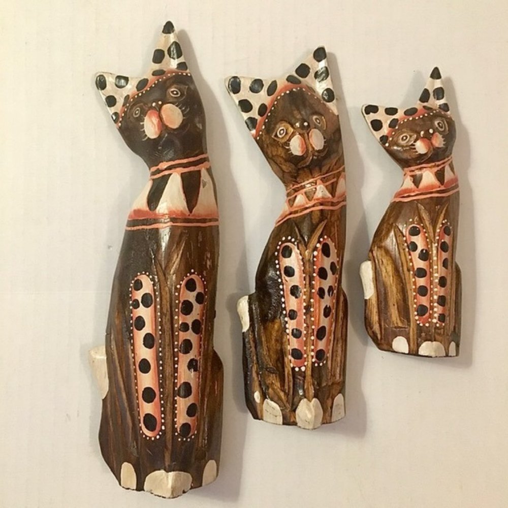 Vintage Wooden Cats Set of Three Handmade Hand Painted Polka Dot Ears